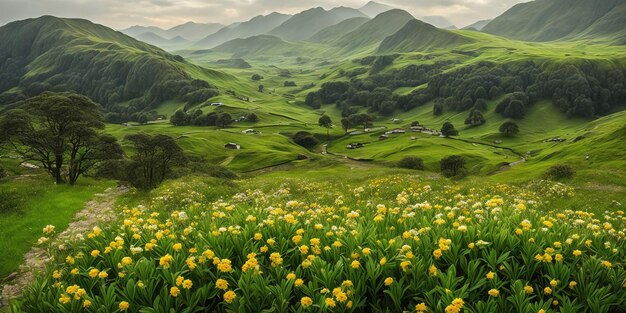 Un campo di fiori davanti a una montagna