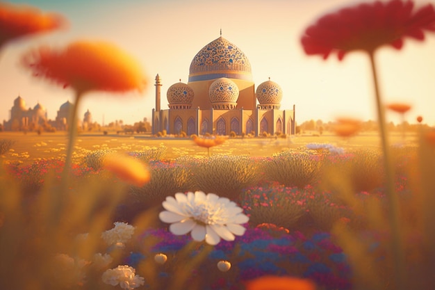 Un campo di fiori davanti a una moschea Sfondo islamico