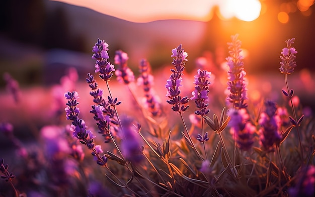 Un campo di fiori di lavanda con il sole che tramonta dietro di esso