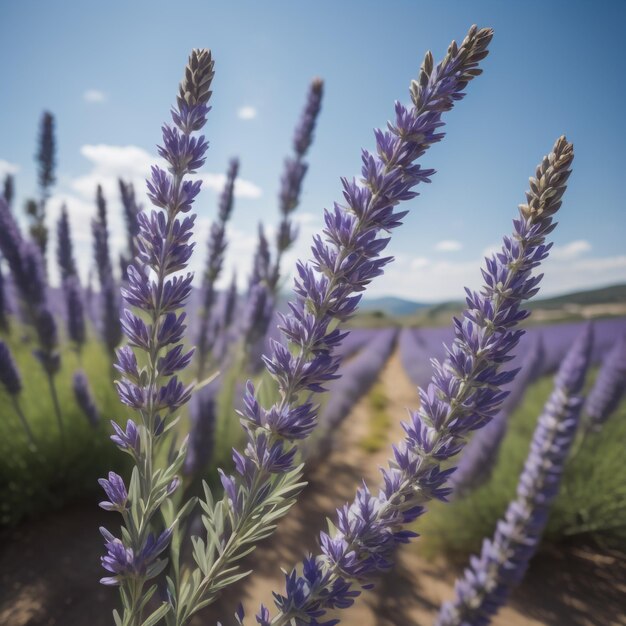 Un campo di fiori di lavanda con un cielo sullo sfondo