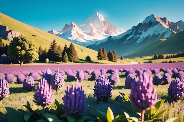 Un campo di fiori di lavanda con una montagna sullo sfondo