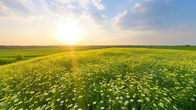 Un campo di fiori gialli con il sole che tramonta dietro di esso