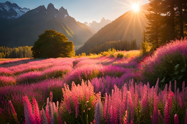 Un campo di fiori in montagna con il sole che splende sulle montagne