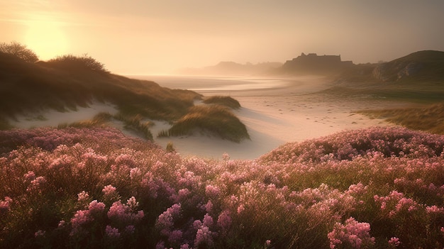 Un campo di fiori rosa con castello sullo sfondo