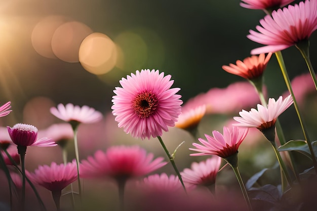 Un campo di fiori rosa con uno sfondo sfocato