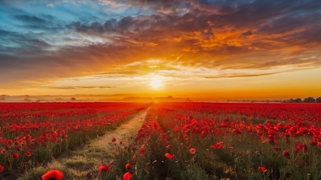 un campo di fiori rossi con il sole che tramonta dietro di loro