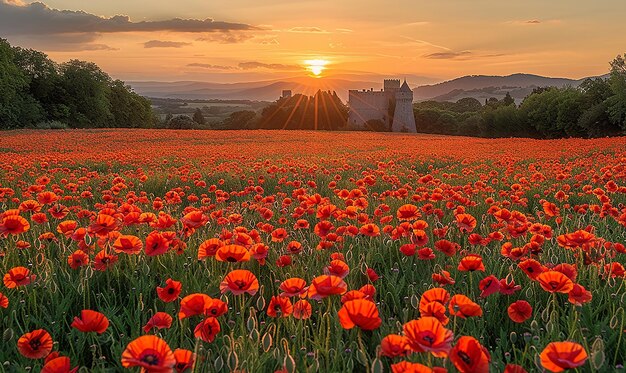 un campo di fiori rossi con un castello sullo sfondo
