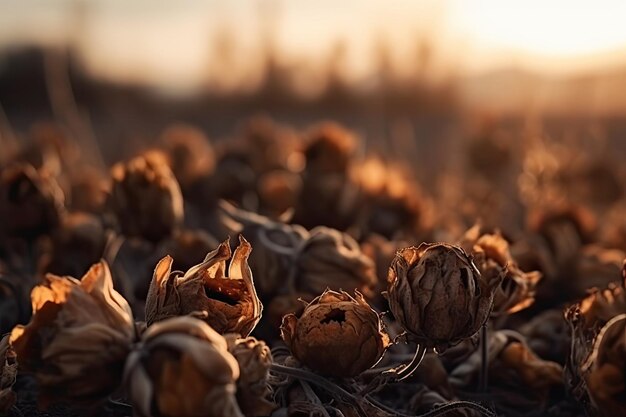 Un campo di fiori secchi con un tramonto sullo sfondo