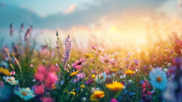 Un campo di fiori selvatici colorati che si estende fino all'orizzonte evidenziando la diversità e la fragilità della nostra flora e fauna naturale