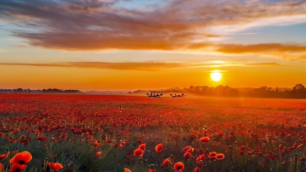 un campo di fiori selvatici con un tramonto sullo sfondo