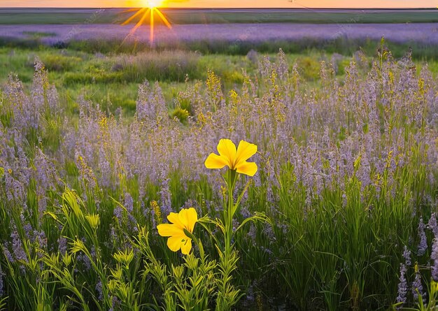 Un campo di fiori viola con il sole che splende su di esso