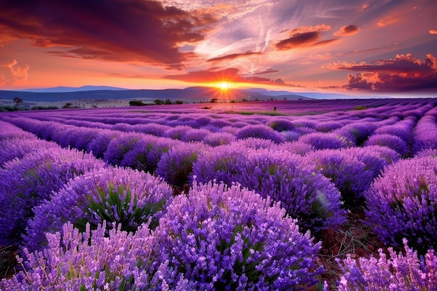 Un campo di fiori viola con molti fiori viola