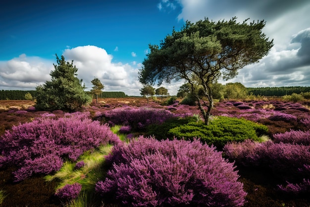 Un campo di fiori viola con un albero sullo sfondo