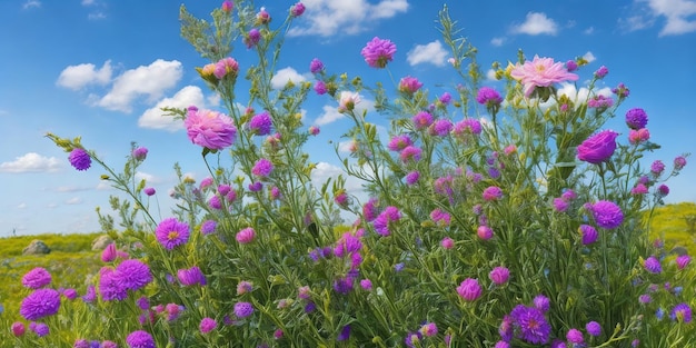 Un campo di fiori viola con un cielo blu sullo sfondo