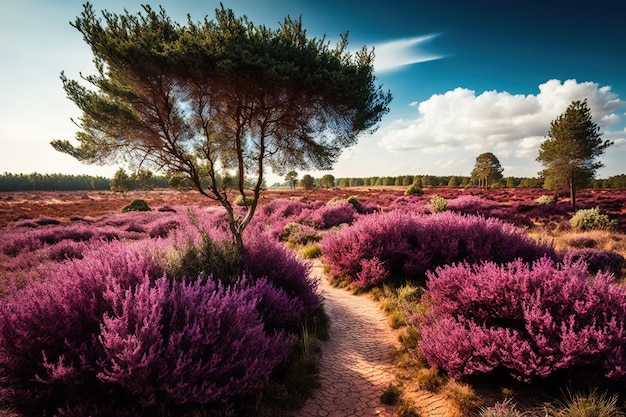 Un campo di fiori viola con un sentiero che vi conduce