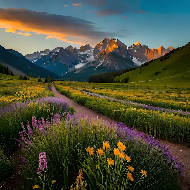 Un campo di fiori viola con una montagna sullo sfondo