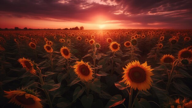 Un campo di girasoli con il sole che tramonta alle sue spalle