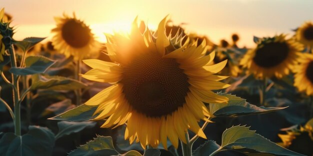 Un campo di girasoli con il sole che tramonta dietro di esso