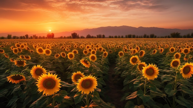 Un campo di girasoli con le montagne sullo sfondo