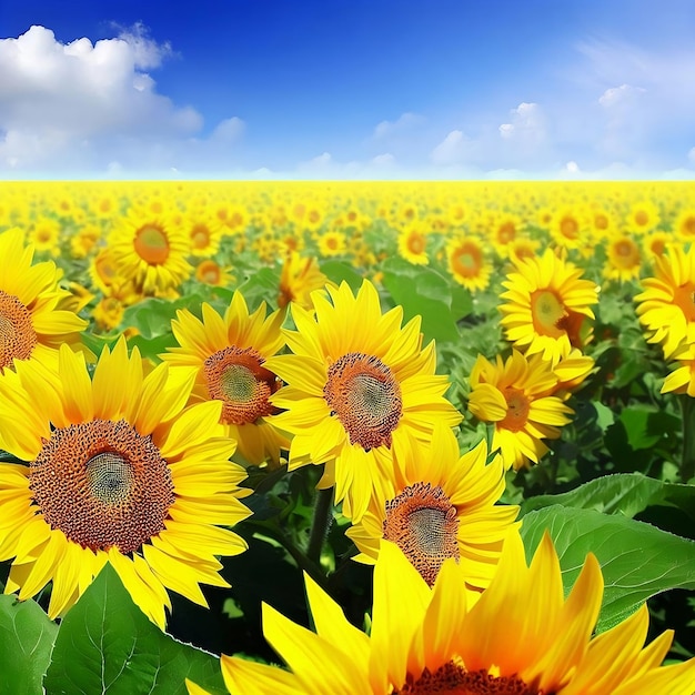 Un campo di girasoli con un cielo blu dietro di loro.