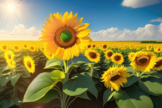 Un campo di girasoli con un cielo blu e il sole è visibile.