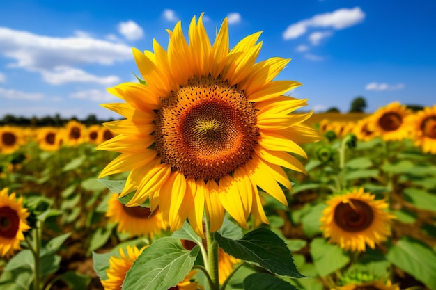 Un campo di girasoli con un cielo blu sullo sfondo