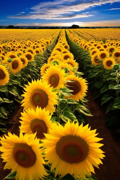 un campo di girasoli con uno sfondo giallo.