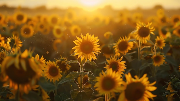 Un campo di girasoli in piena fioritura I girasoli sono rivolti verso il sole che sta tramontando sullo sfondo