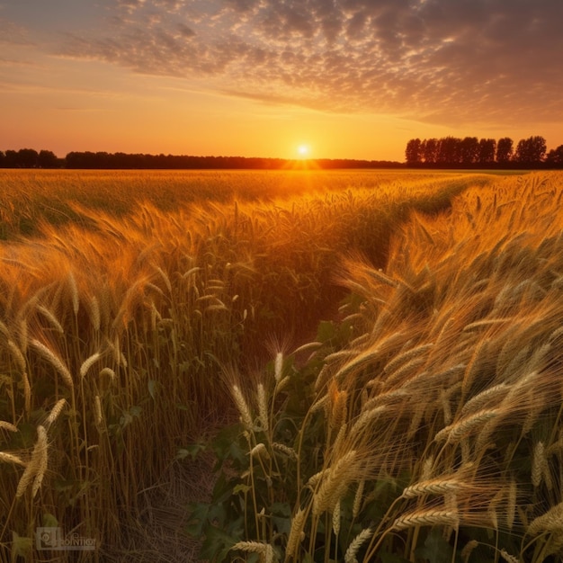 Un campo di grano al tramonto con il sole che tramonta alle sue spalle.