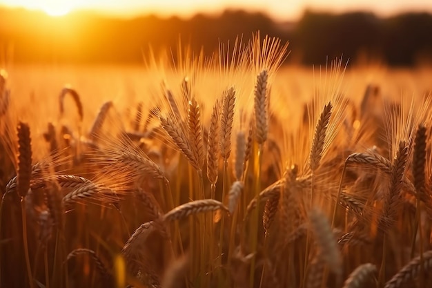 Un campo di grano con il sole che tramonta alle sue spalle