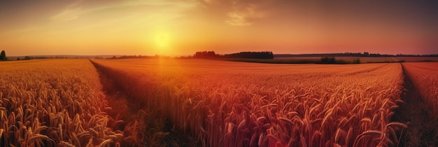 Un campo di grano con il sole che tramonta alle sue spalle