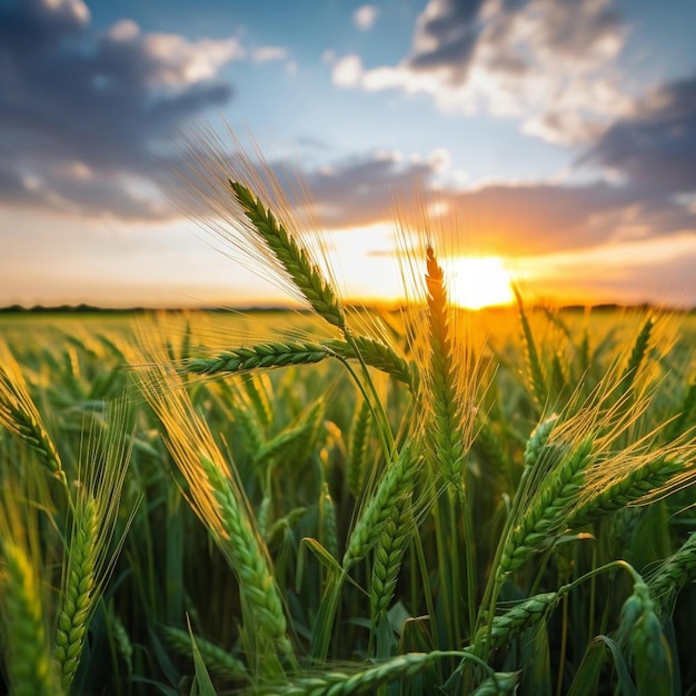 un campo di grano con il sole che tramonta sullo sfondo