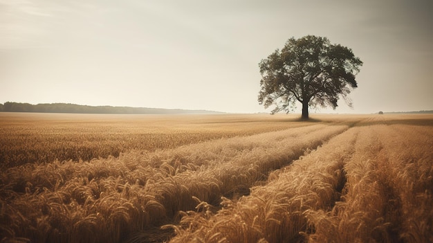 Un campo di grano con un albero in mezzo