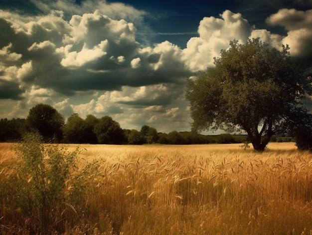 Un campo di grano con un albero in mezzo