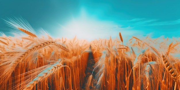 un campo di grano con un cielo azzurro come sfondo