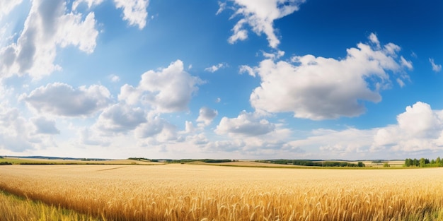 Un campo di grano con un cielo azzurro e nuvole sullo sfondo.