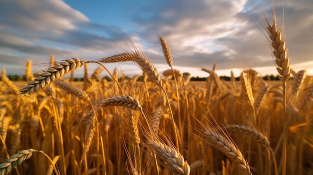 Un campo di grano con un cielo blu sullo sfondo