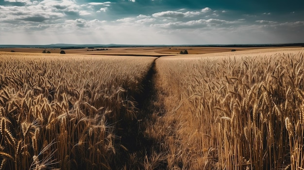 Un campo di grano con un cielo blu sullo sfondo