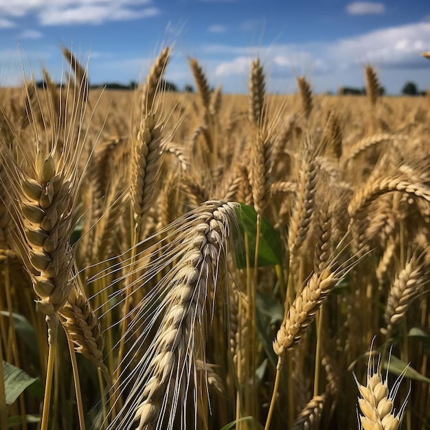 Un campo di grano con un cielo blu sullo sfondo