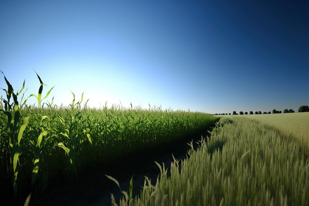 Un campo di grano con un cielo limpido Ampio tiro