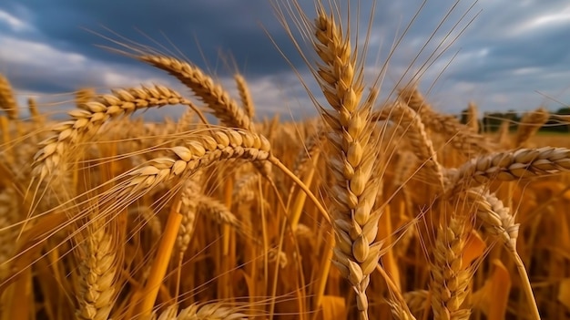 Un campo di grano con un cielo nuvoloso sullo sfondo