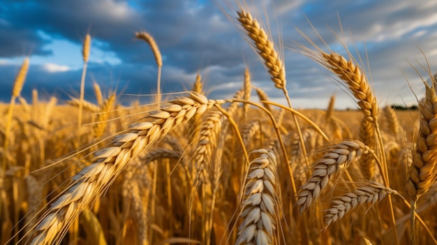 Un campo di grano con un cielo nuvoloso sullo sfondo