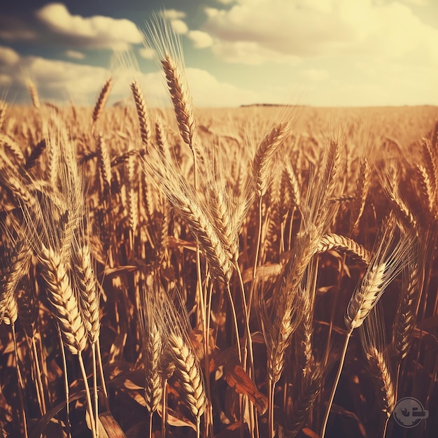 Un campo di grano con un cielo nuvoloso sullo sfondo.