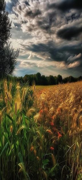 Un campo di grano con un cielo scuro sullo sfondo