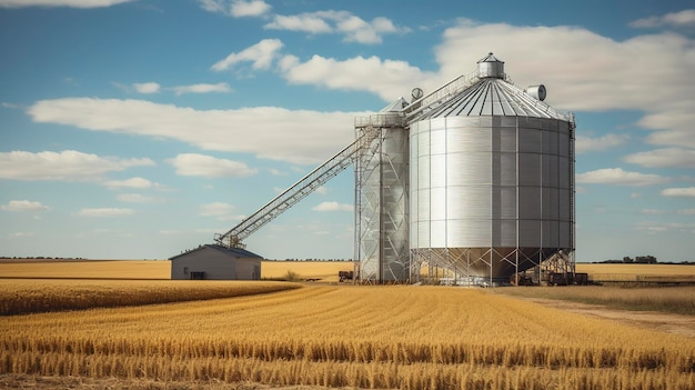 Un campo di grano con un silo sullo sfondo