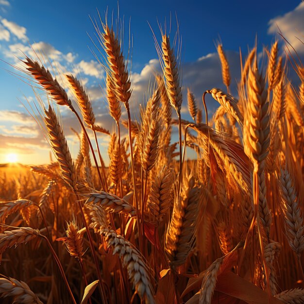 un campo di grano con un tramonto sullo sfondo