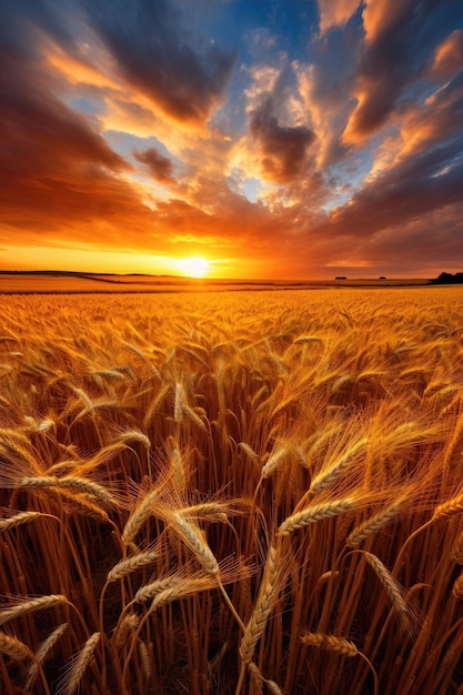 un campo di grano con un tramonto sullo sfondo