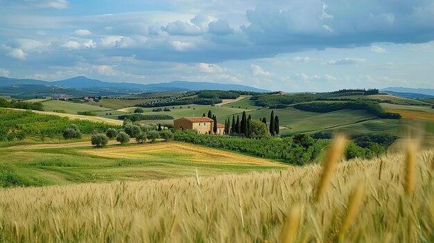 un campo di grano con una casa sullo sfondo