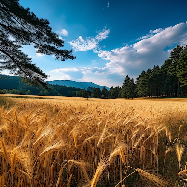 un campo di grano dorato con alberi sullo sfondo.