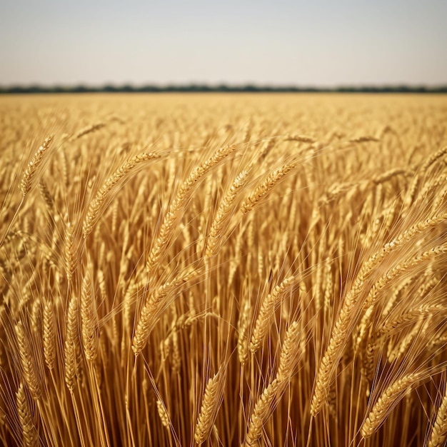 Un campo di grano dorato con il sole che splende in alto.